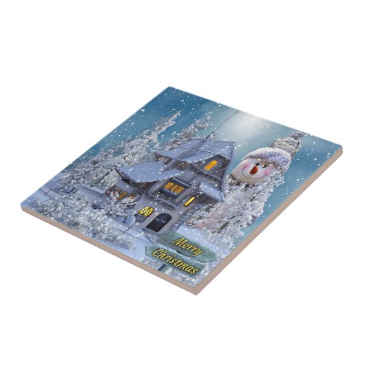 Kerstfeest Winter White Snowman Blue Rustic Tegeltje (Zijkant)