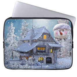Kerstfeest Winter Witte Sneeuwman Blauw Laptop Sleeve