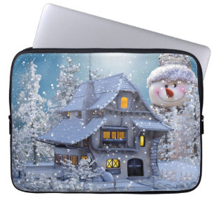 Kerstfeest Winter Witte Sneeuwman Blauw Laptop Sleeve