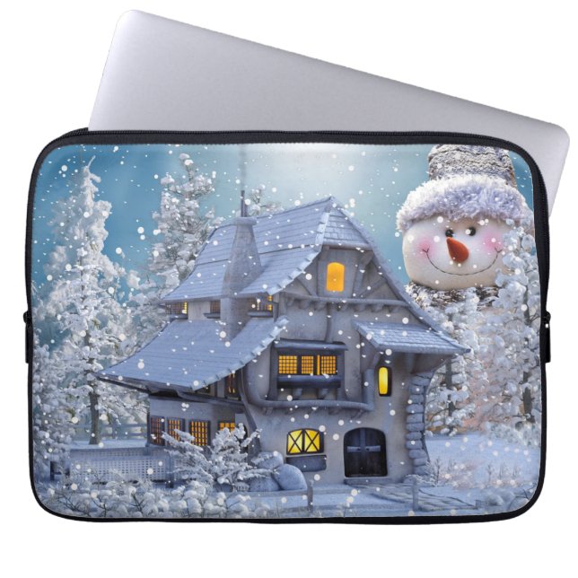 Kerstfeest Winter Witte Sneeuwman Blauw Laptop Sleeve (Voorkant)