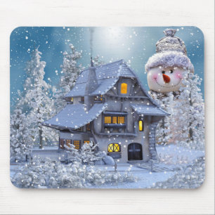 Kerstfeest Winter Witte Sneeuwman Blauw Muismat