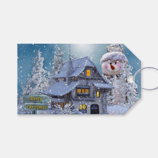 Kerstfeest Winter Witte Sneeuwman Blauw Rustiek Cadeaulabel (Voorkant (Horizontaal))