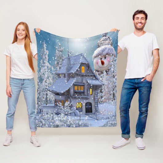 Kerstfeest Winter Witte Sneeuwman Blauw Rustiek Fleece Deken (In situ)