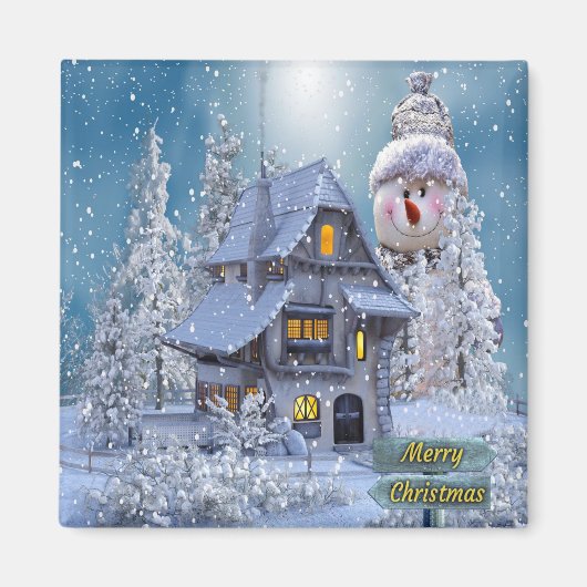 Kerstfeest Winter Witte Sneeuwman Blauw Rustiek Magneet (Voorkant)