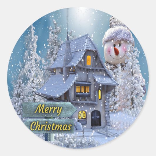 Kerstfeest Winter Witte Sneeuwman Blauw Rustiek Ronde Sticker (Voorkant)