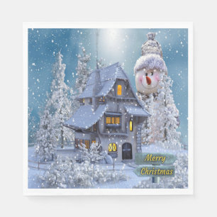 Kerstfeest Winter Witte Sneeuwman Blauw Rustiek Servet