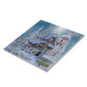 Kerstfeest Winter Witte Sneeuwman Blauw Rustiek Tegeltje (Zijkant)