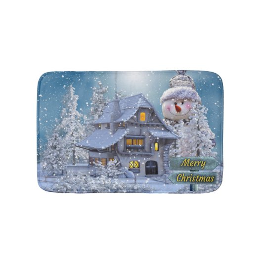 Kerstfeest Winter Witte Sneeuwman Blauwe Rustieke Badmat (Voorkant)