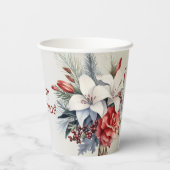Kerstfeest Witte Rode Bloemen Feestdagen Elegant Papieren Bekers (Achterkant)
