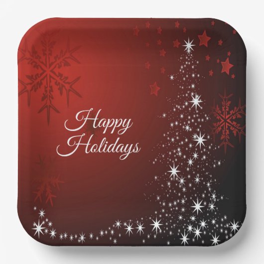 Kerstfeest Witte sterren Boom Rode sneeuwvlokken Papieren Bordje (Voorkant)
