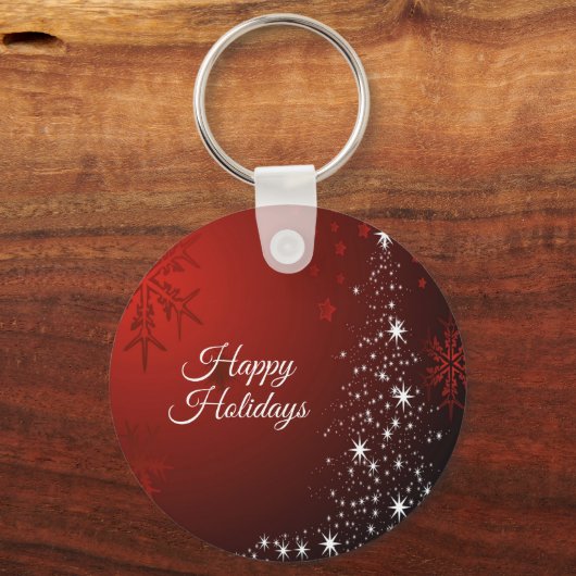 Kerstfeest Witte sterren Boom Rode sneeuwvlokken Sleutelhanger (Voorkant)