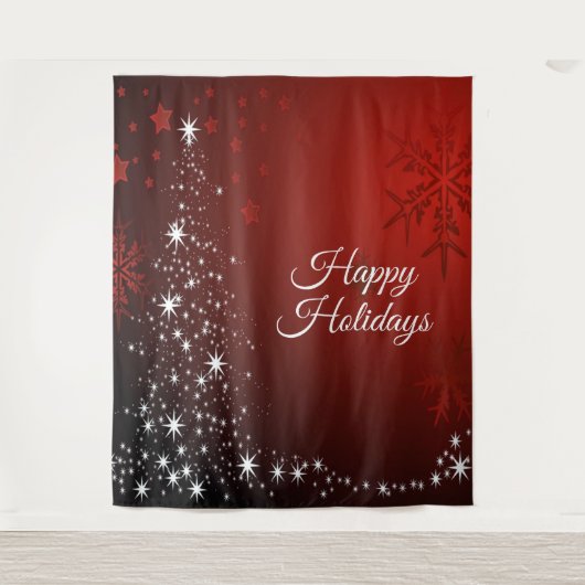 Kerstfeest Witte sterren Boom Rode sneeuwvlokken Wandkleed (Voorkant)