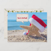 Kerstfeest zeesterren met pet op het strand aankondigingskaart (Voorkant / Achterkant)