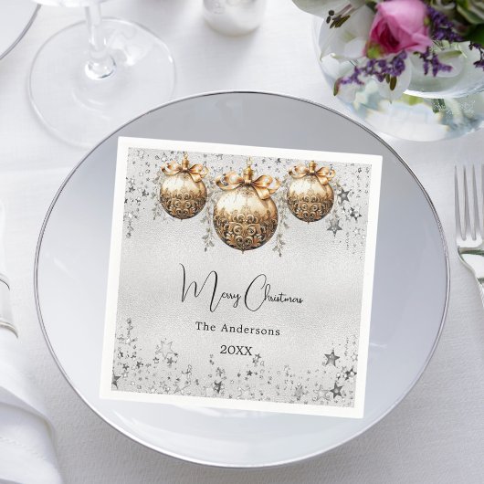 Kerstfeest zilveren kerstballen sterren servet