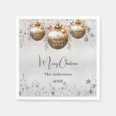 Kerstfeest zilveren kerstballen sterren servet (Voorkant)