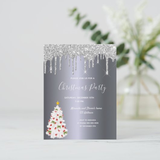 Kerstfeest zilverglitter-boomuitnodiging briefkaart (Staand voorkant)