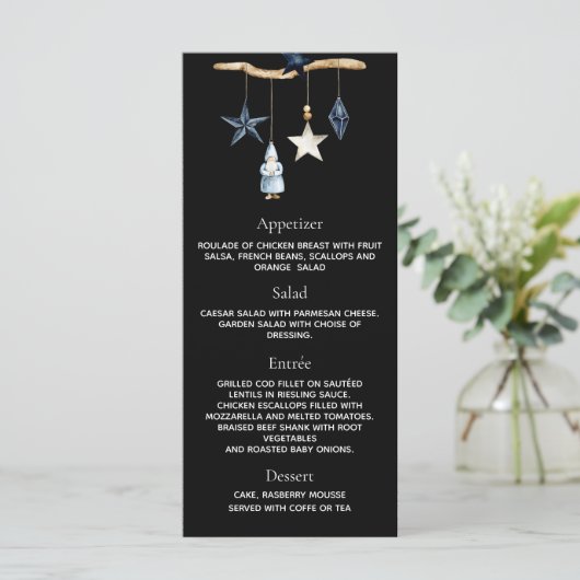 Kerstfeest zwart blauw nordisch menu (Staand voorkant)