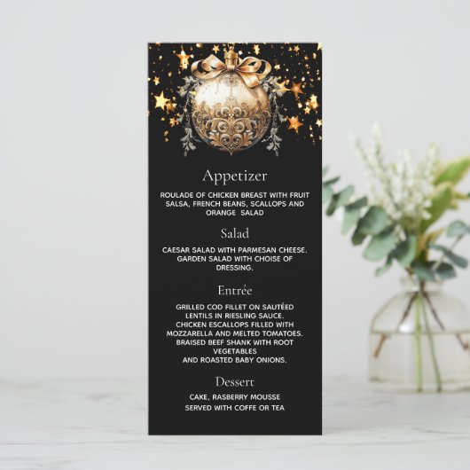 Kerstfeest zwart goud kerstbal dinermenu menu (Staand voorkant)