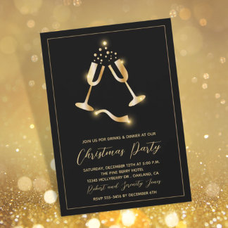 Kerstfeest zwart gouden champagne uitnodiging