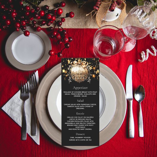 Kerstfeest zwart gouden kerstbal diner menu