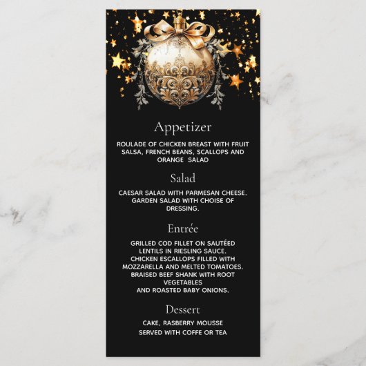 Kerstfeest zwart gouden kerstbal diner menu (Voorkant)