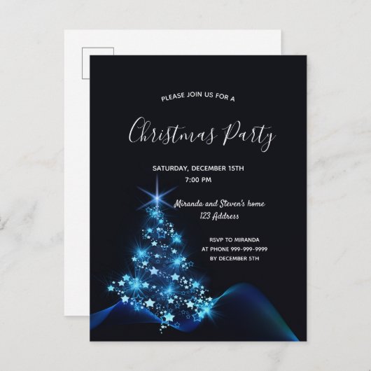 Kerstfeest zwarte blauwe moderne boomuitnodiging briefkaart (Voorkant / Achterkant)