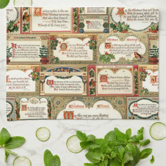 kerstfeestbegroeten Collage Theedoek (Gevouwen)