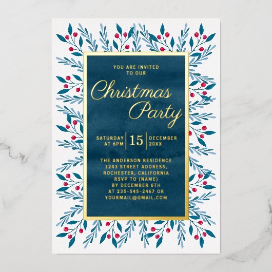 kerstfeestblauwe Waterverf Floral Folie Uitnodiging (Voorkant)