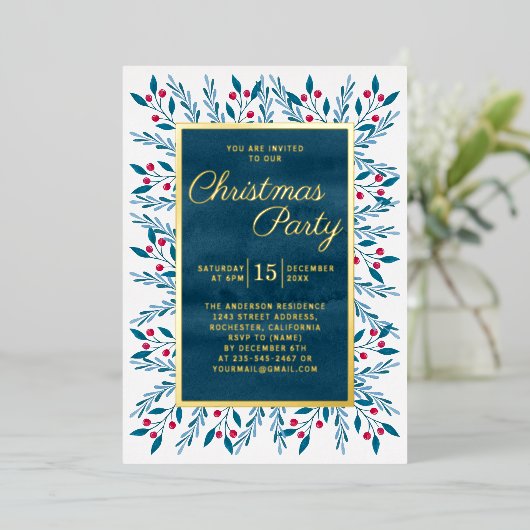 kerstfeestblauwe Waterverf Floral Folie Uitnodiging (Staand Voorkant)