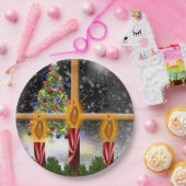 kerstfeestboomkaarsen gedecormeerd venster papieren bordje (Feest)