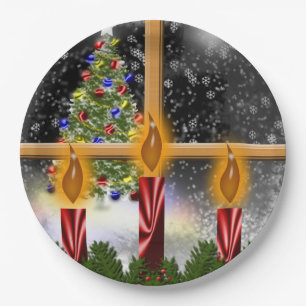 kerstfeestboomkaarsen gedecormeerd venster papieren bordje