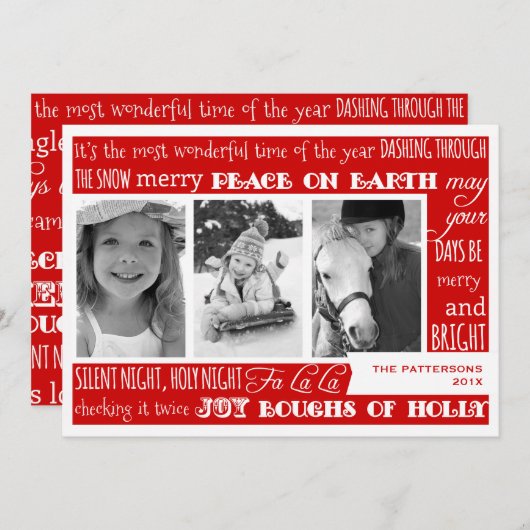 kerstfeestdag 3 fotocollage kaart | Rood (Voorkant / Achterkant)