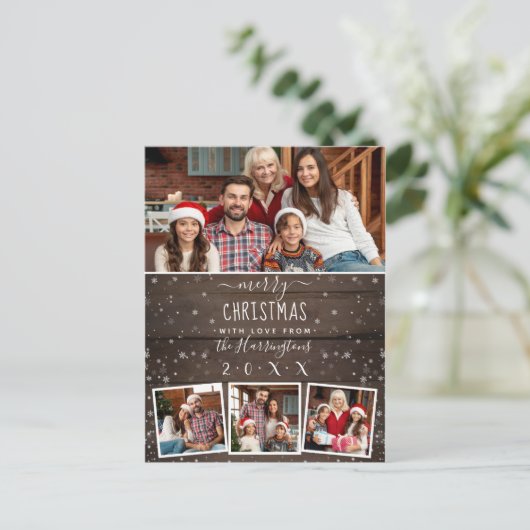 Kerstfeestdag 4 Foto  hout en sneeuw Briefkaart (Staand voorkant)