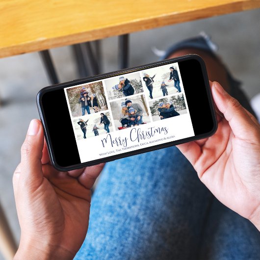 Kerstfeestdag 6 Zes foto's marineslauw blauw Snowf Feestdagenkaart