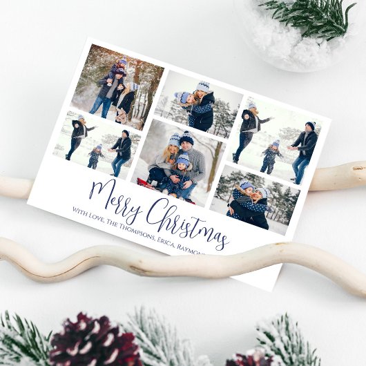 Kerstfeestdag 6 Zes foto's marineslauw blauw Snowf Feestdagenkaart