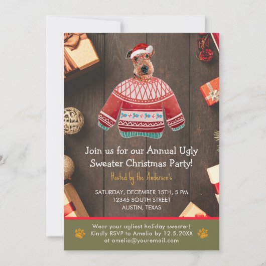 Kerstfeestdag Airedale Dog Ugly Sweater Party Kaart (Voorkant)