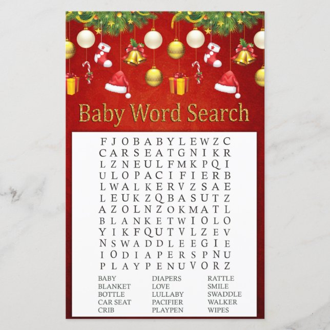 Kerstfeestdag Baby shower Word Search (Voorkant)