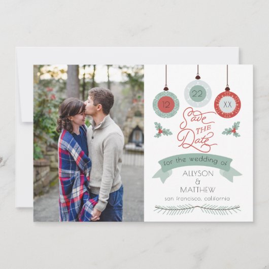 Kerstfeestdag Baubles | Holly Wedding Save The Date (Voorkant)