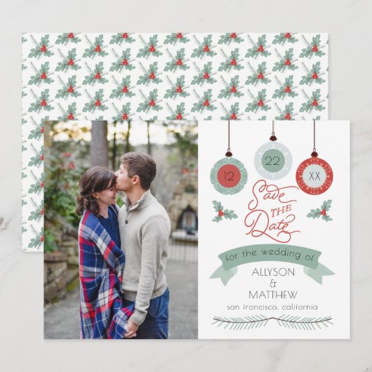 Kerstfeestdag Baubles | Holly Wedding Save The Date (Voorkant / Achterkant)