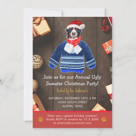 Kerstfeestdag Bernese Dog Ugly Sweater Party Kaart (Voorkant)