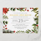 kerstfeestdag Berries Greenery Open House Gold Folie Uitnodiging (Voorkant)