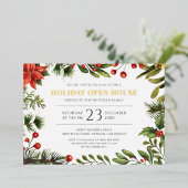 kerstfeestdag Berries Greenery Open House Gold Folie Uitnodiging (Staand Voorkant)