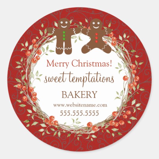 Kerstfeestdag Berry Wreath Gingerbrood Mannen Ronde Sticker (Voorkant)
