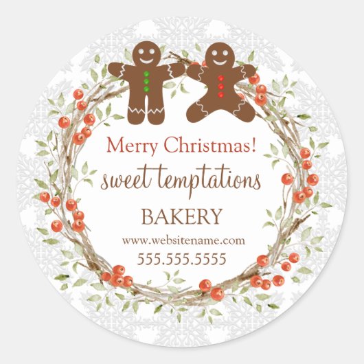 Kerstfeestdag Berry Wreath Gingerbrood Mannen Ronde Sticker (Voorkant)