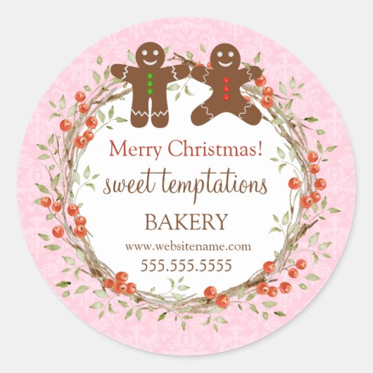 Kerstfeestdag Berry Wreath Gingerbrood Mannen Ronde Sticker (Voorkant)