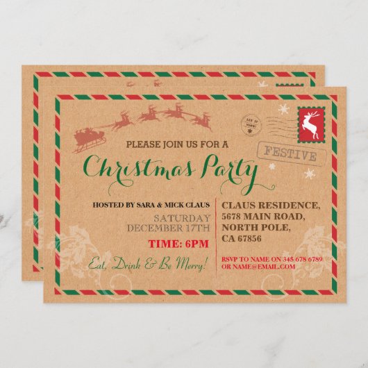 kerstfeestdag binnenpostkaart uitnodiging (Voorkant / Achterkant)