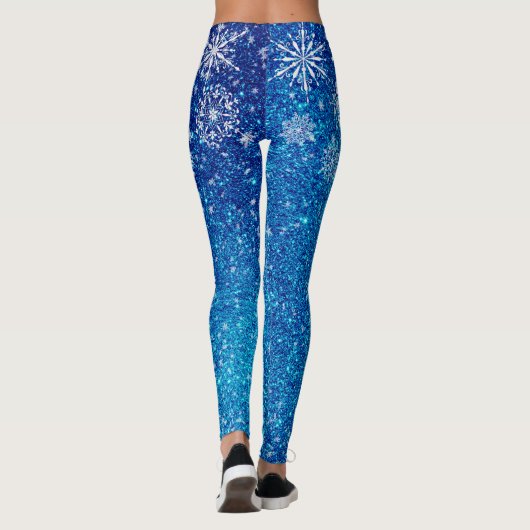 Kerstfeestdag blauw glitter sneeuwvlokken leggings (Achterkant)