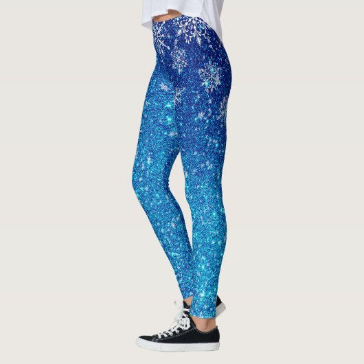 Kerstfeestdag blauw glitter sneeuwvlokken leggings (Links)