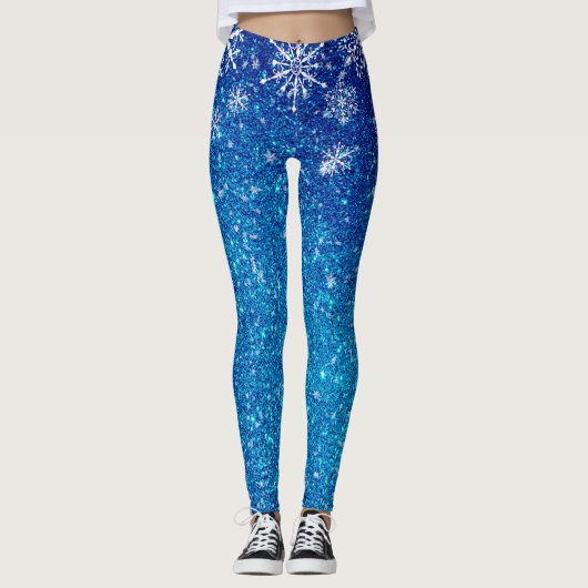 Kerstfeestdag blauw glitter sneeuwvlokken leggings (Voorkant)