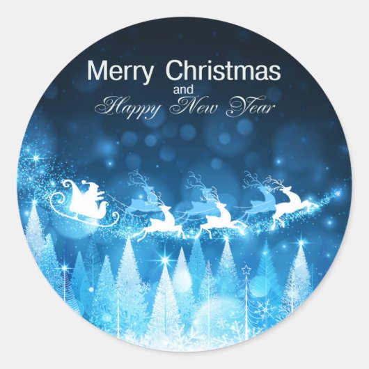Kerstfeestdag Blauwe Kerstman en slee Ronde Sticker (Voorkant)